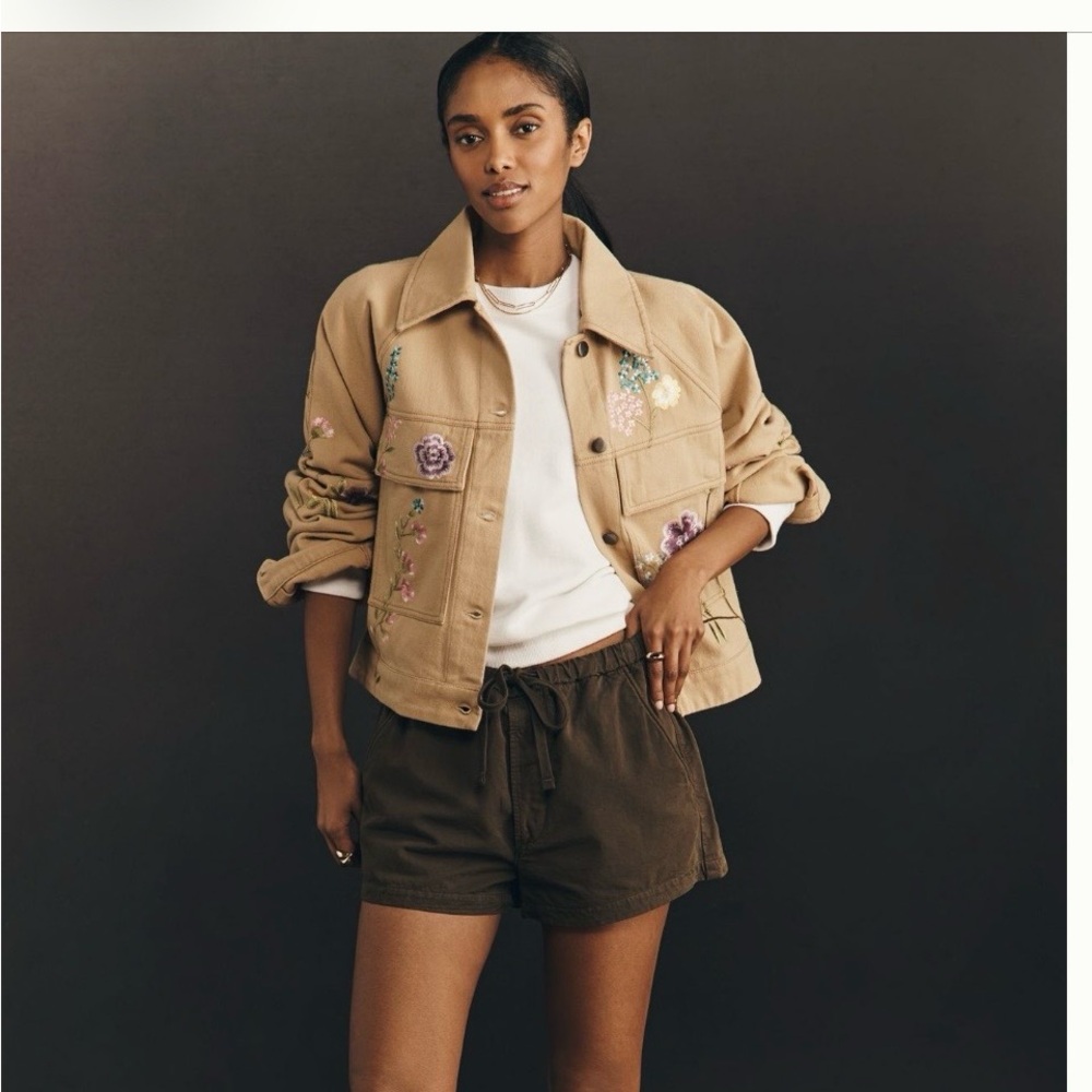 Anthropologie Beige Jean Jacket with Floral Details - Picture 3 of 12